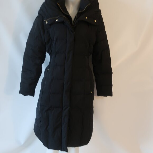 Womens Cole Haan Black Down Cluster With Feather Fill Hooded Midi Puffer Coat L - Picture 9 of 16